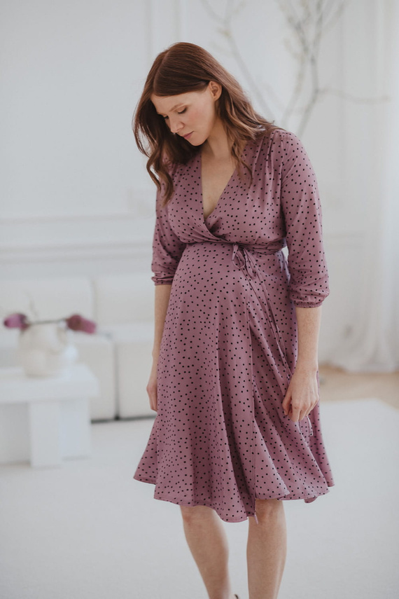 Рокля за бременни и кърмачки Milk Shake, 3/4 ръкав Milk&Love, лила на точки