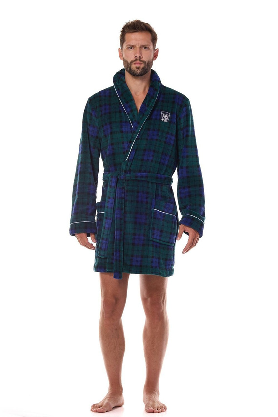 2456 BJ Мъжки тъмносин халат за баня L&amp;L - мек, кариран с яка