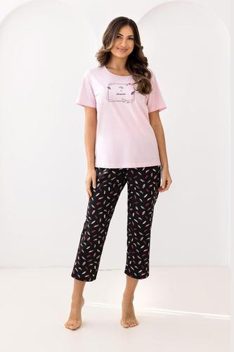 Нощна риза 733 Regina – бавовнена, с къс ръкав, полуокръгло деколте, декоративен принт | Комфорт и стил