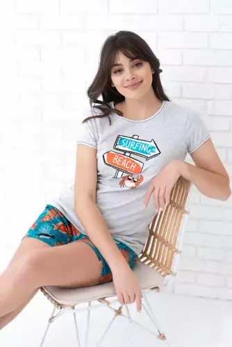Oceania Дамска пижама с къс ръкав, къси панталони Италианска мода - меланж/принт