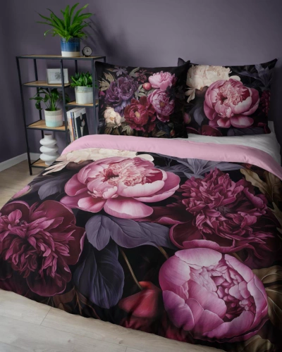 5129 Комплект спално бельо от памук Holland Detexpol, черен с божури в нюанси на бордо и розово – 100% памук, двустранен, полско производство