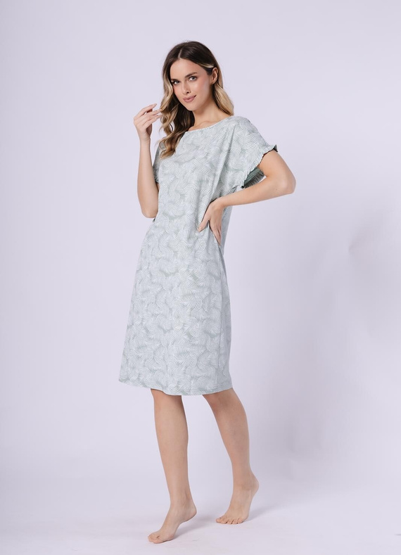 Дамска нощница Elif 1728 Leveza – 100% памук, къс ръкав с къдрички, флорален десен, лека нощница до коляното