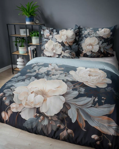 5131 Комплект спално бельо от памук Holland Detexpol, тъмен с бежови и кремави божури – 100% памук, двустранен, полско производство