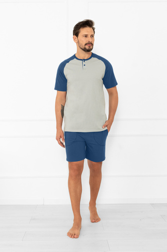 Мъжка пижама Alexander Italian Fashion - къси ръкави и къси панталони, 100% памук - сиво/дънки