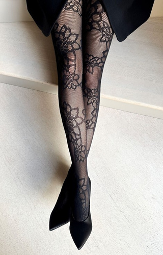 Черни чорапогащи Francesca Veneziana – мрежести чорапогащи с флорален мотив, елегантни и гъвкави