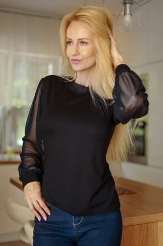 Mirale Freya дамска блуза от вискоза с тюлени ръкави и прави яка, елегантна - черна