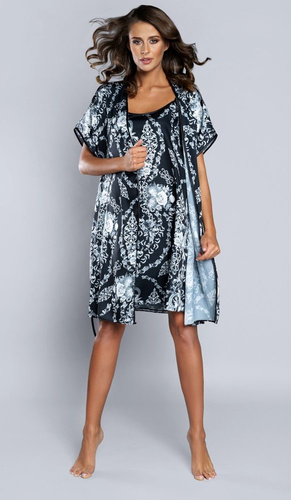 Сребърен дамски халат с къс ръкав от сатен Италианска мода - тъмносин 