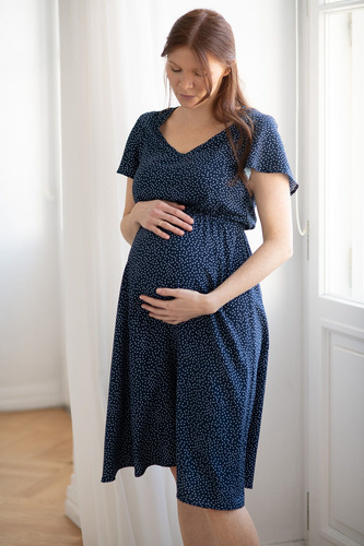 Lovely Dress Миди рокля за бременни и кърмачки, къс ръкав, Milk&Love, тъмносиня на точки