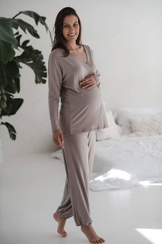 Moon bambusowa bluzka od piżamy ciążowej do karmienia długi rękaw Milk&Love beżowy