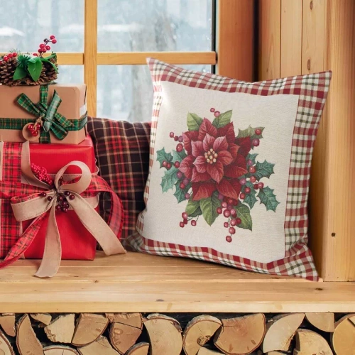 Chp 1273 Коледен гоблен калъфка цветя Европердета бежово