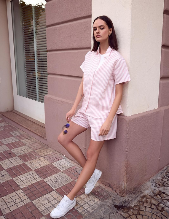 Пижама Selene Sensis бяло-розова лен памук райе