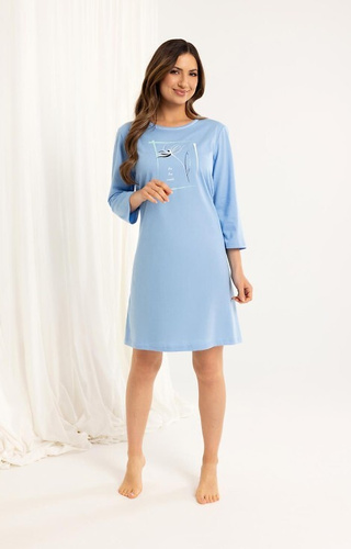 166 Синя дамска памучна риза – 3/4 ръкав, щампа, дължина до коляното