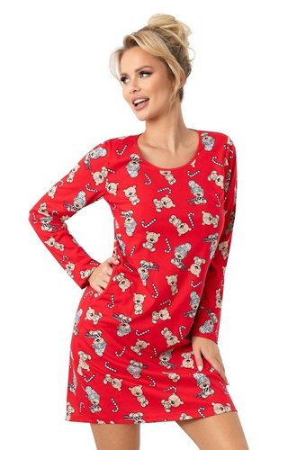 Дамска нощница Donna с принт Bear - памучна, празнична, с джобове