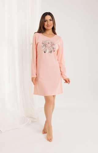 162 Памучна нощница Regina, цвят кайсия – дълъг ръкав, щампа, над коляното
