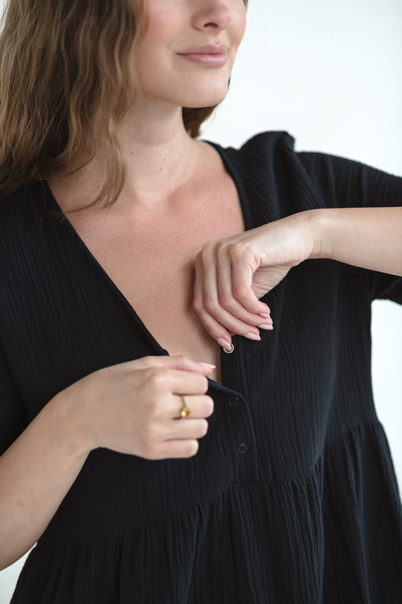 Муселинена нощница за бременни и кърмачки Aurora Milk&Love черна