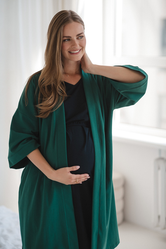Халат за бременни Milk&amp;Love, бутилково зелен – памук с еластан, удобен, 7/8 ръкави