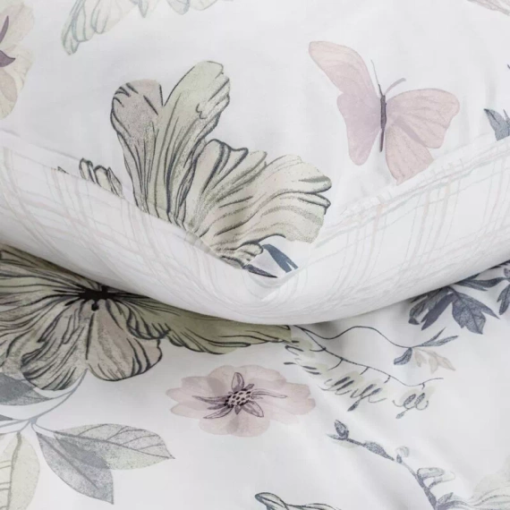 Пролет 37 Цветя спално бельо сатен евро пердета бяло/зелено