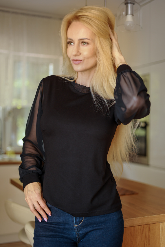 Mirale Freya дамска блуза от вискоза с тюлени ръкави и прави яка, елегантна - черна