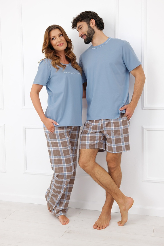 Дамска пижама Italian Fashion Delma 100% памук, каре, дълги панталони - стоманено синьо