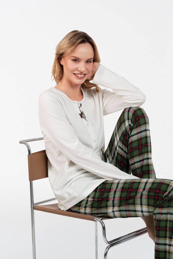 Asama Дамска пижама с разкопчани копчета, дълъг ръкав и дълъг панталон Италианска мода - екрю/принт