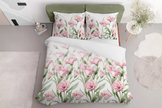 5328 B Спално бельо от сатен Розови големи цветя на бял фон Detexpol