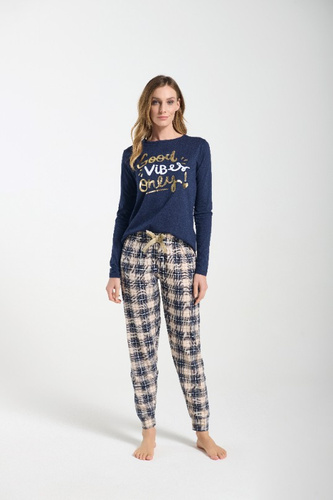 Дамска пижама Bessy Sorbetto, тъмносиня - трико, златна щампа, панталон на каре