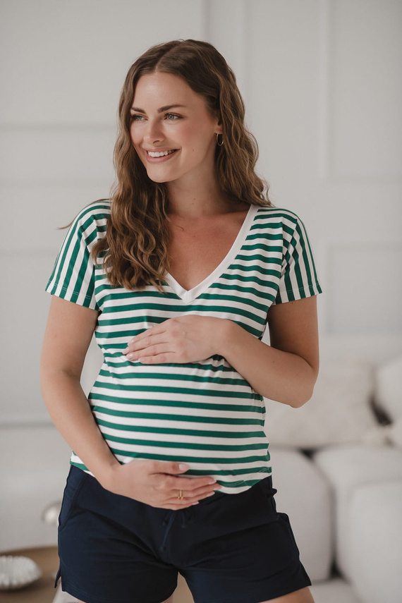 Two Ways двустранна блуза за бременни и кърмене | Къс ръкав, удобни зелени и бели райета Milk&Love