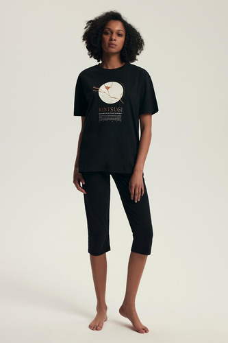 Дамски пижамен комплект 43728 Dairoku черен - памук, къс ръкав, капри панталон