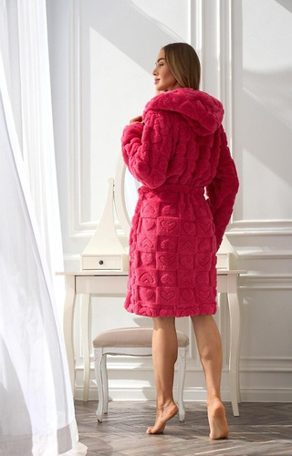 2553 Valentina L&L къс дамски халат с качулка и джобове - малиново