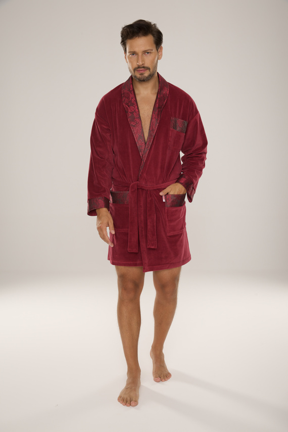 866 Noble Мъжки велурен халат De Lafense - къс, елегантен, памук - бордо