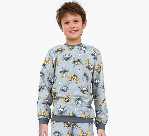 Пижами за момчета Cornette Bat 2 264/182, 263/182, сиви - памучни, с дълъг ръкав, с шарка на прилеп
