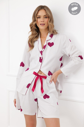 Italian Fashion Soul Дамска пижама Mega Soft екрю с бордови сърца, шорти