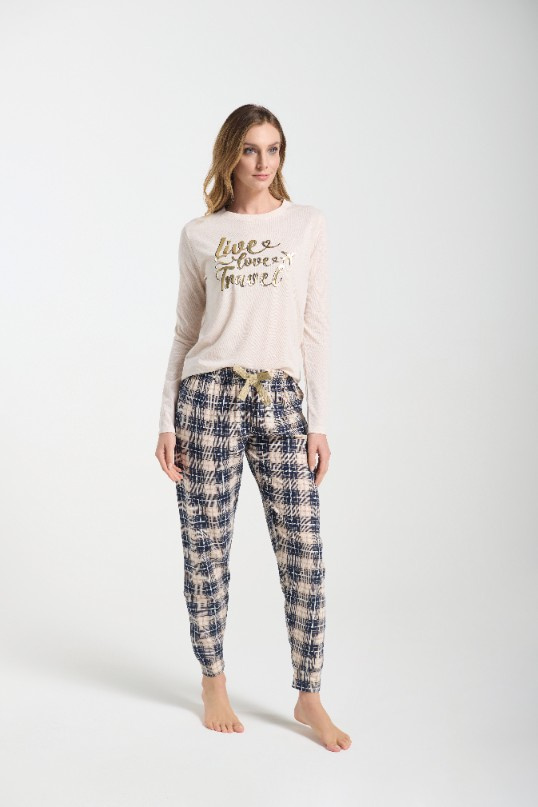 Дамска пижама Bessy Beige Sorbetto - трико, златен принт, панталон на каре