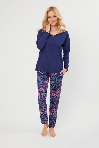 Folk Дамска пижама с дълъг ръкав и дълъг панталон Италианска мода - морско синьо/принт