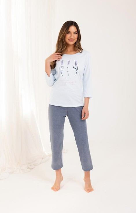 Пижама 703 Regina cotton blue - дамска, 3/4 ръкав, 7/8 панталон, растителна щампа