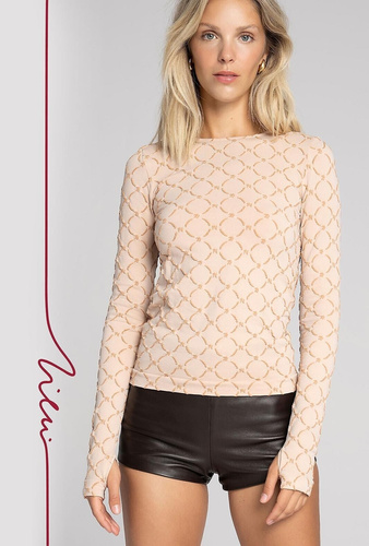 Дамска блуза Zień 43154 Seamless Monogram Gatta – черна безшевна еластична блуза с монограм и удължени ръкави с отвори за палци