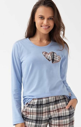 322 Luna blue – дамска памучна пижама, сърца, дълъг ръкав, панталон на каре