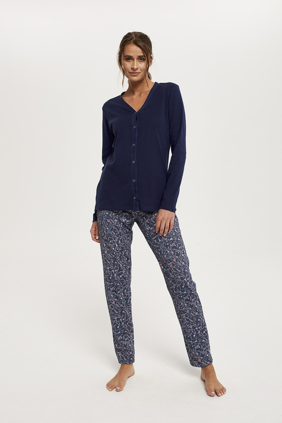 Sajna Дамска пижама с дълъг ръкав и дълъг панталон Италианска мода - морско синьо/принт