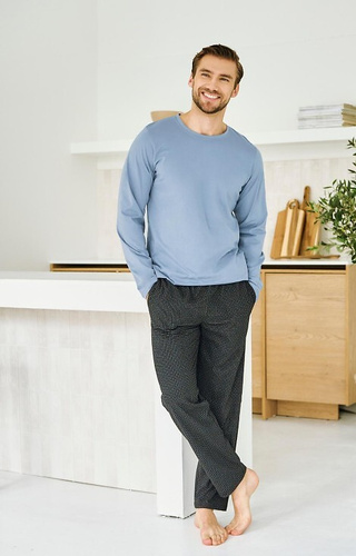 3474 Мъжка пижама Lorenzo Taro, синя - памук, дълъг панталон, джобове