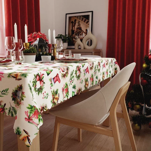 C03 Червена коледна покривка за маса Marquiseta – водоустойчива, елегантна, полско производство