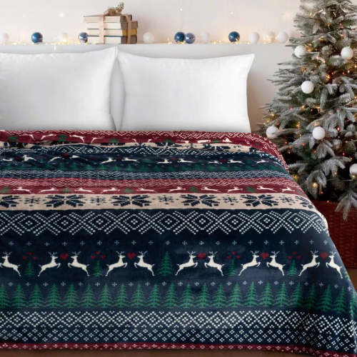 Коледно одеяло Eurofirany, тъмносиньо и червено със скандинавски мотив – меко одеяло от микрофибър, 240 г/м²