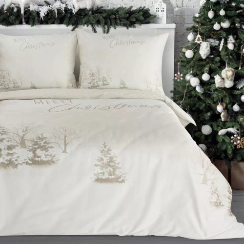Снежинка Микрофибърно коледно спално бельо Европердета бял зимен пейзаж – меко, леко и лесно за поддръжка, с цип