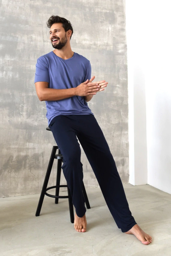 Dallas Мъжка пижама с къс ръкав и дълъг панталон Италианска мода - синьо