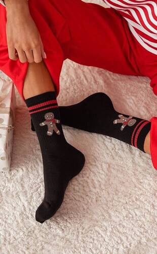 1283-026 Големи бисквити с райета Коледни дамски чорапи Милена - черни