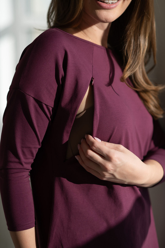 Туника за бременни и кърмещи Mommy Mauve Wine Milk&Love – Оувърсайз блуза със скрити ципове, Oeko-Tex памук