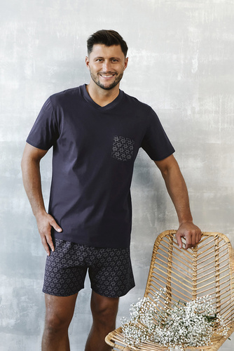 Diaz Мъжка пижама с къс ръкав, къси панталони Италианска мода - морско синьо/принт