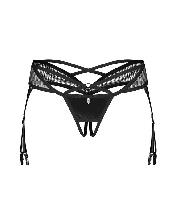 Прашки Obsessive Dominna Crotchless Thong черни – латексов гланц, отворена част, жартиери