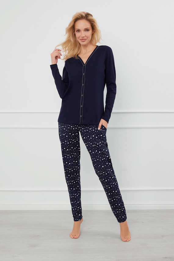 Libra Дамска пижама с дълъг ръкав и панталон Италианска мода - морско синьо/принт 