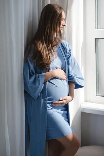Халат за бременни Milk&Love, син – памук с еластан, удобен, 7/8 ръкави