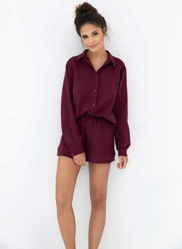 Дамска пижама Ivory Sensis, бордо - муселин памук, дълги ръкави, закопчаване с копчета